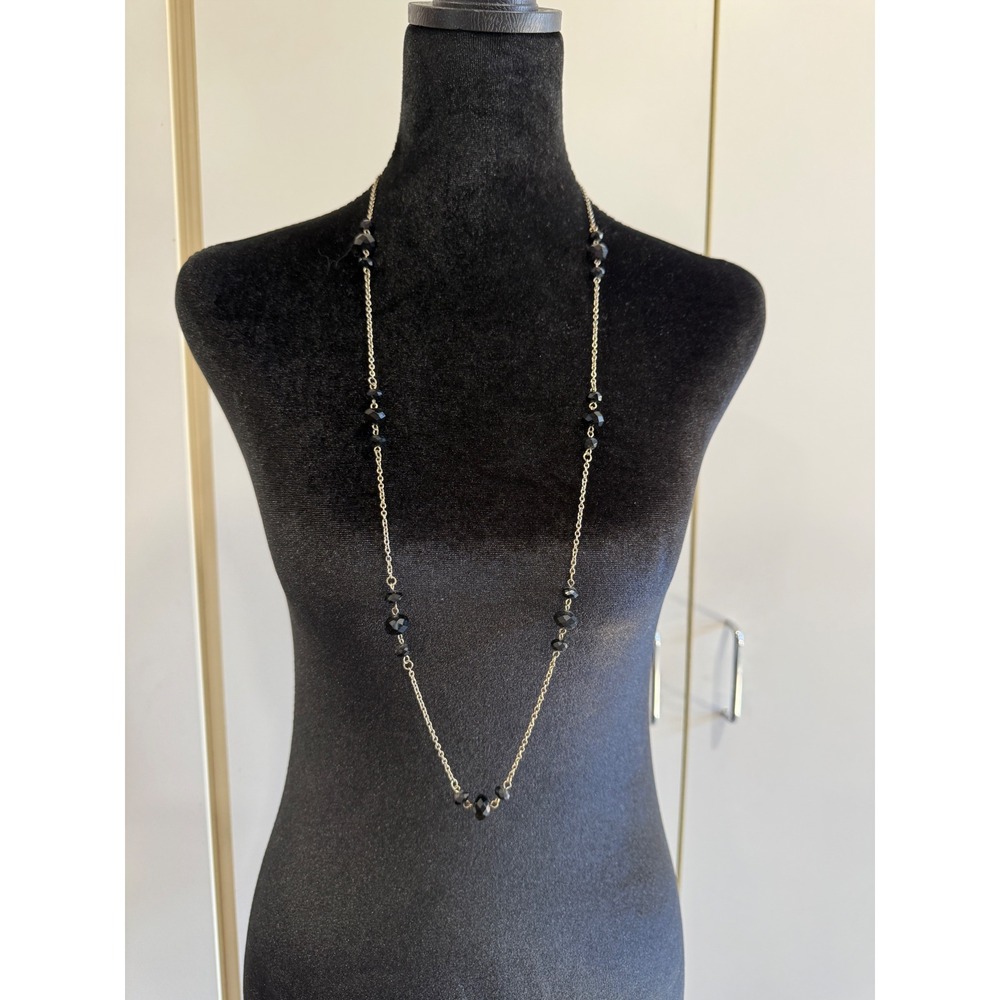 Long Gold Tone Station Necklace with Faceted Black Beads Layering Chain